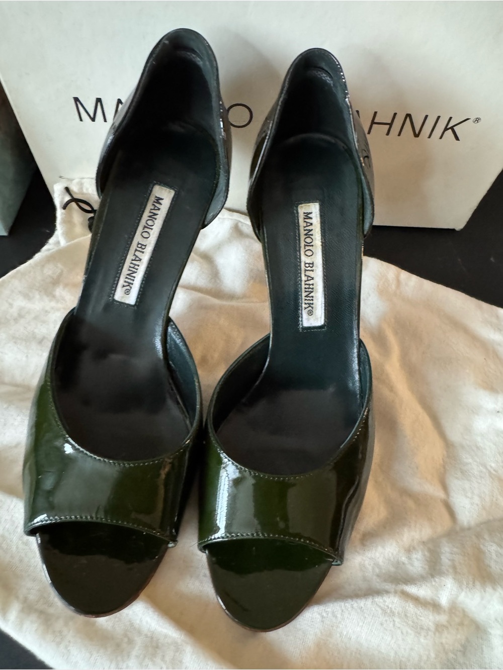 Manolo Blahnik Dark Green Patent Peep-Toe Heels